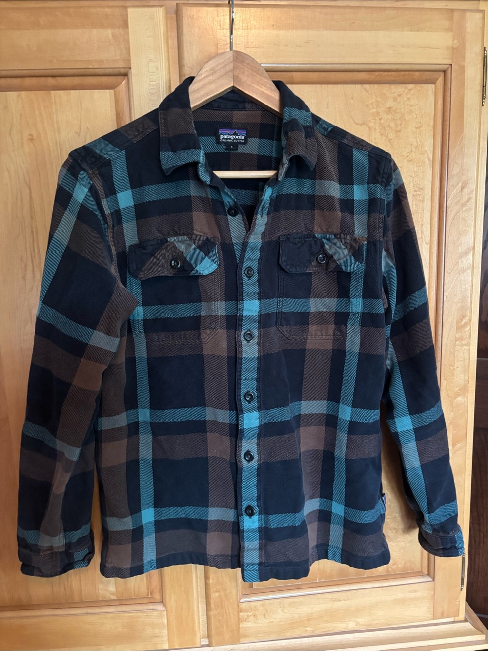 Patagonia Men’s Teal and Brown Plaid Button-Down Shirt